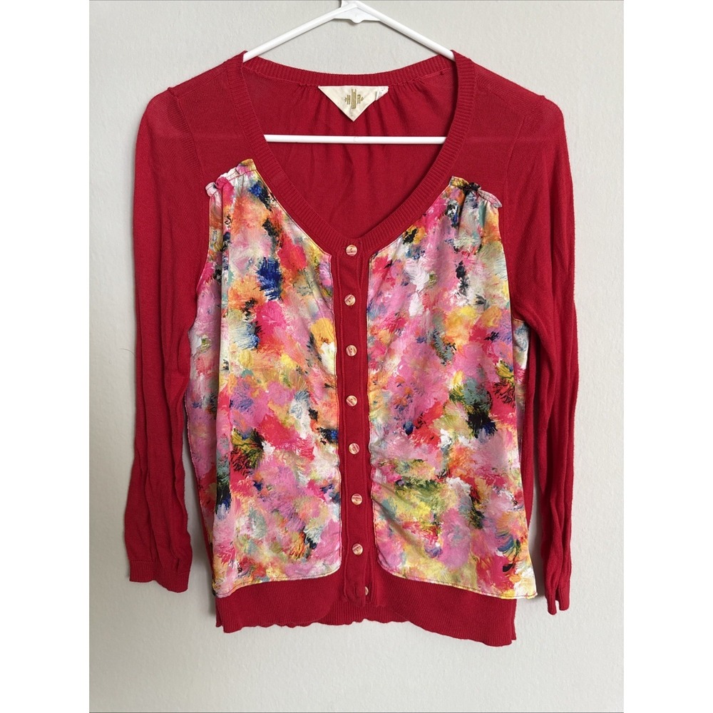 Anthropologie HWR Floral Mixed Media Cardigan Button Front V-Neck Sweater Small